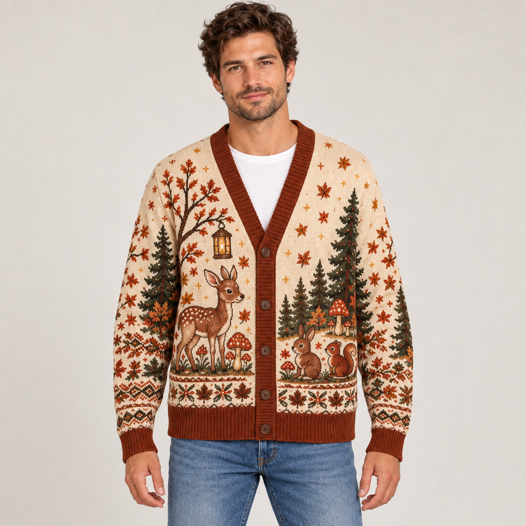 Male model wearing the Cozy Autumn Woodland cardigan