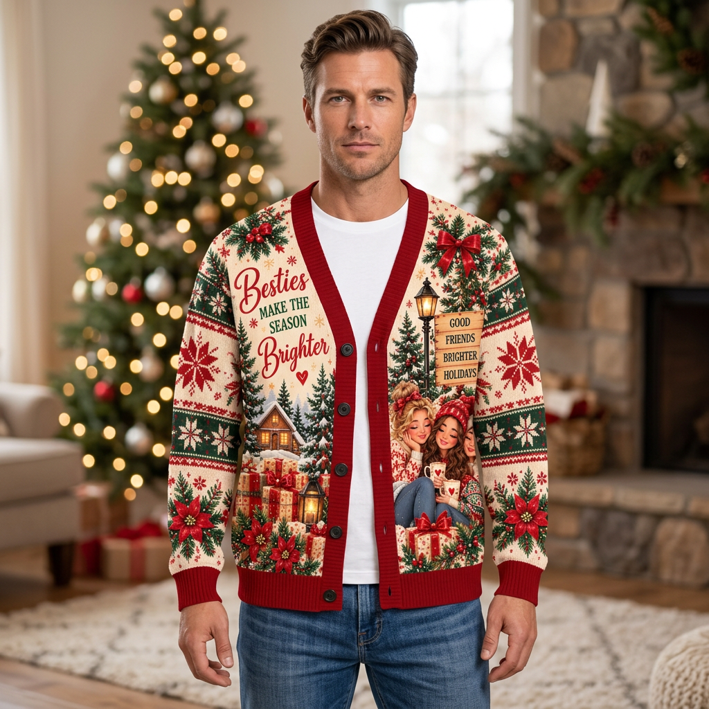 Male model wearing the Cozy Christmas Besties cardigan