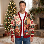 Male model wearing the Cozy Christmas Besties cardigan