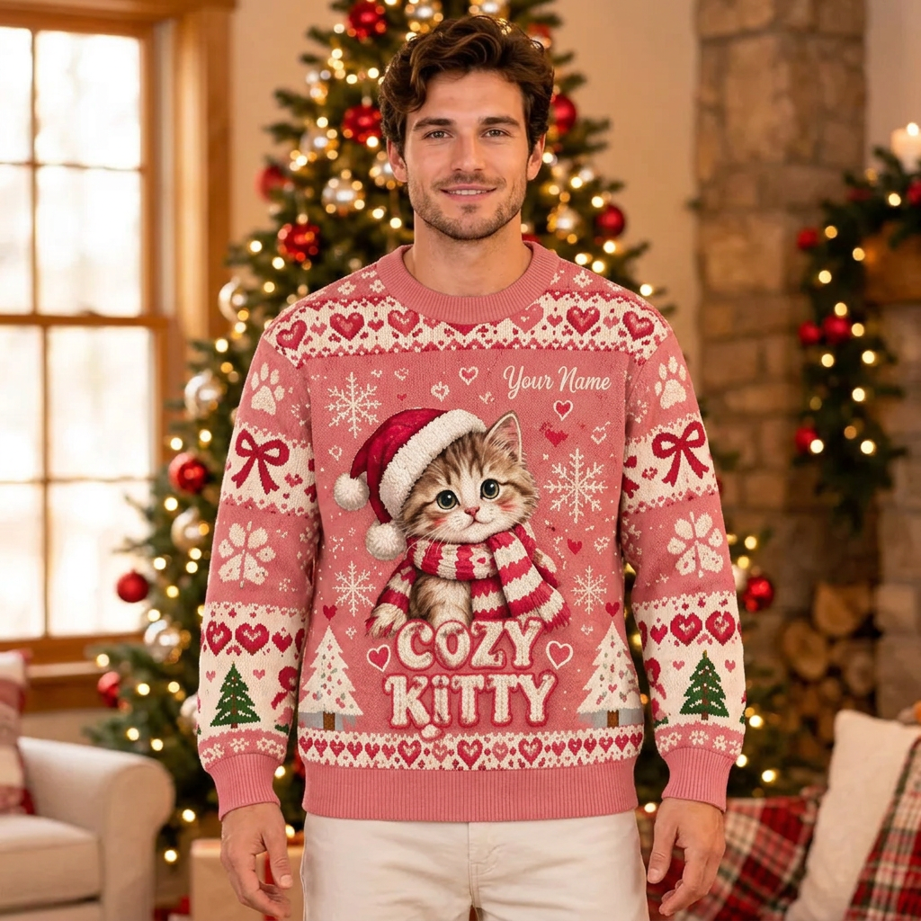 Male model wearing the Cozy Kitty sweatshirt