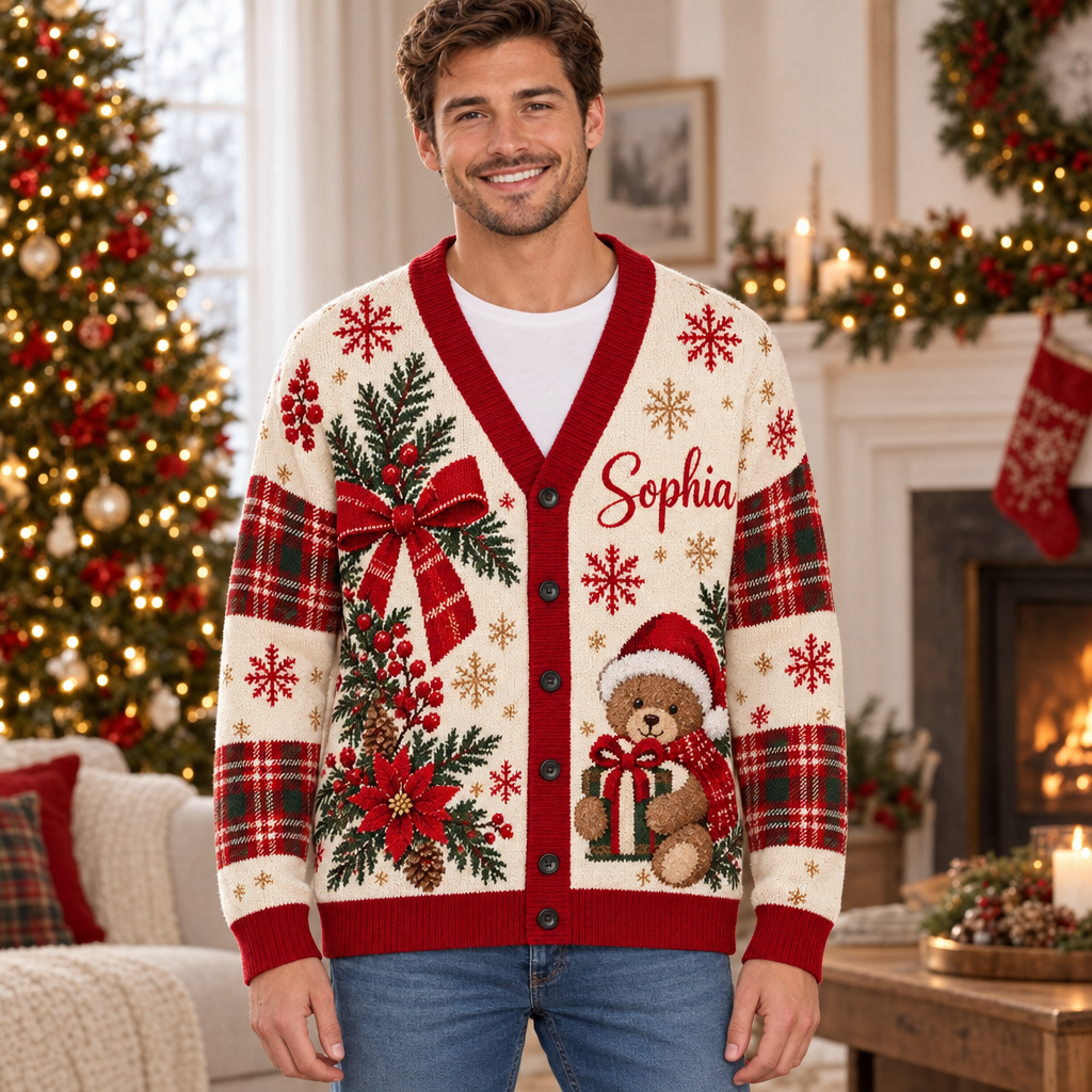 Male model wearing the cream-and-red Christmas cardigan
