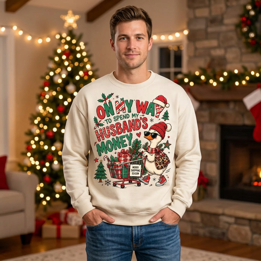 Male model wearing the cream Christmas goose sweatshirt
