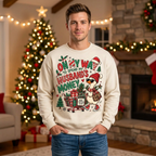 Male model wearing the cream Christmas goose sweatshirt