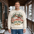 Male model wearing the cream Columbia Inn sweatshirt