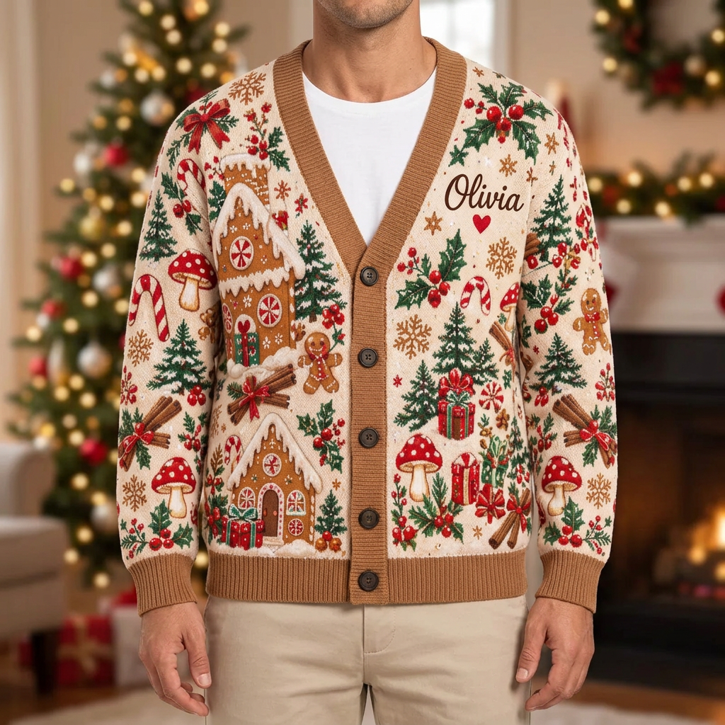 Male model wearing the cream gingerbread Christmas cardigan