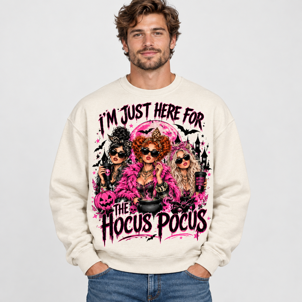 Male model wearing the cream Hocus Pocus sweatshirt