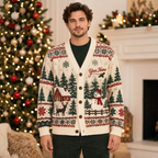 Male model wearing the cream snowman and reindeer cardigan