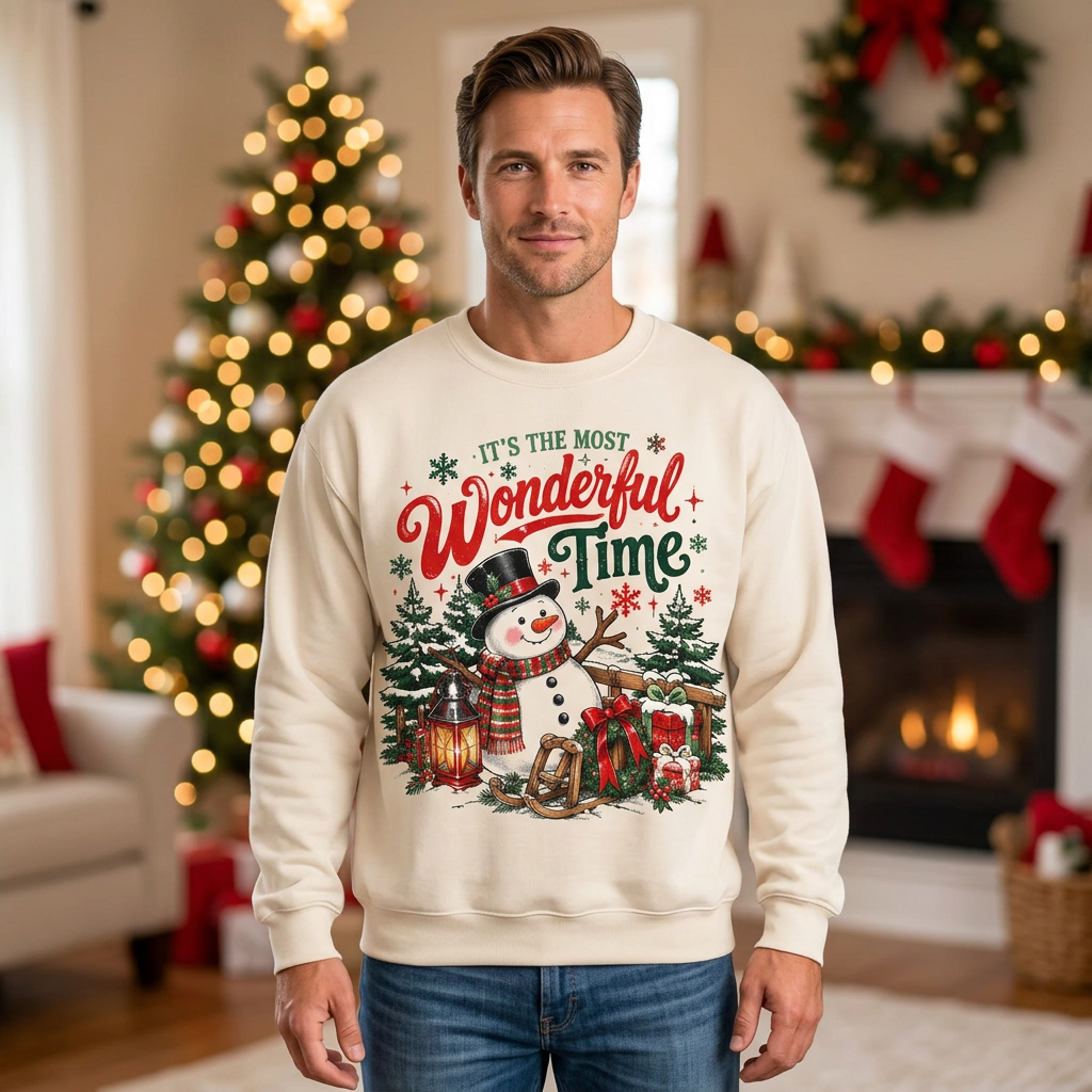 Male model wearing the cream snowman sweatshirt