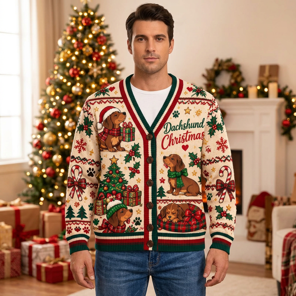 Male model wearing the Dachshund Christmas cardigan