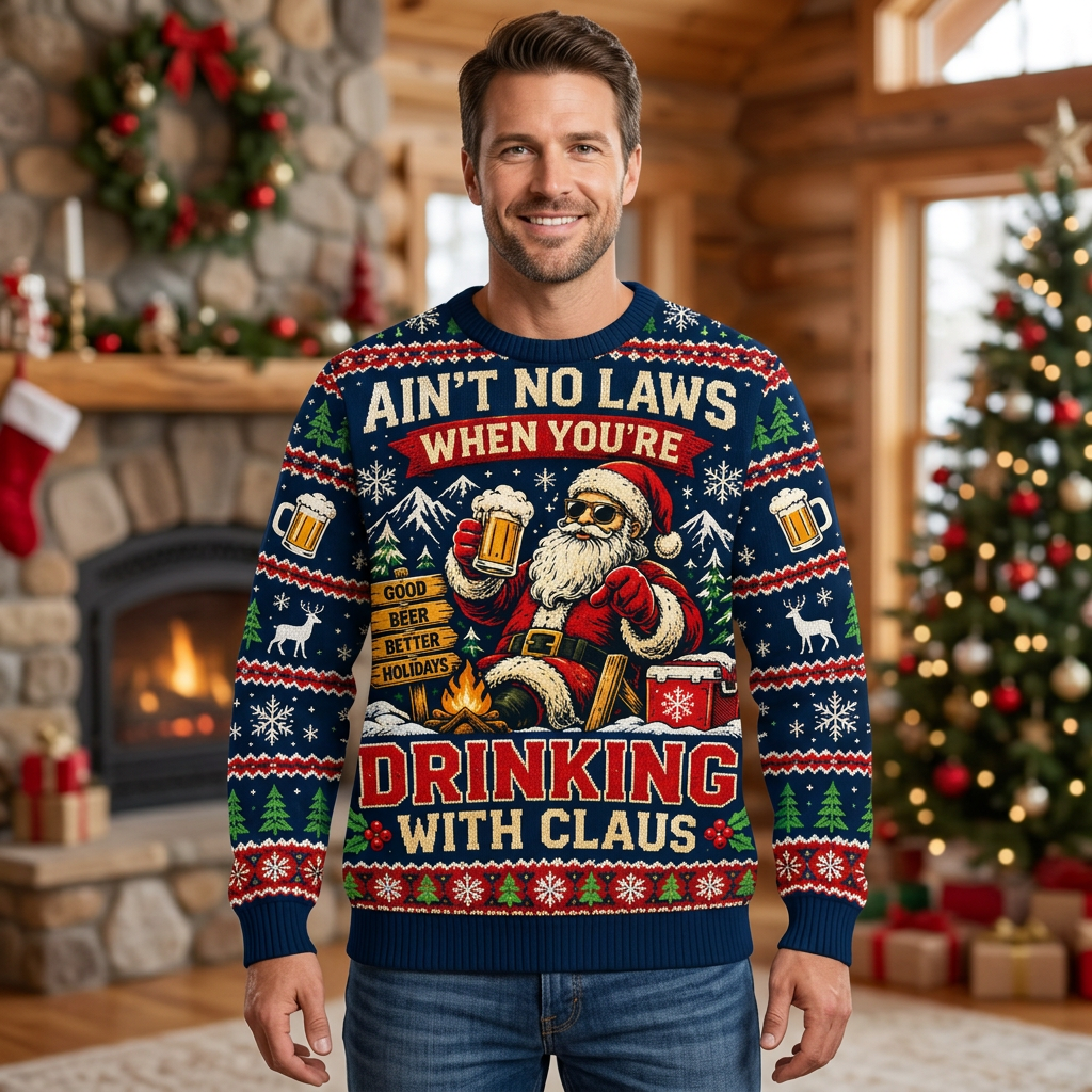 Male model wearing the Drinking With Claus Christmas sweater