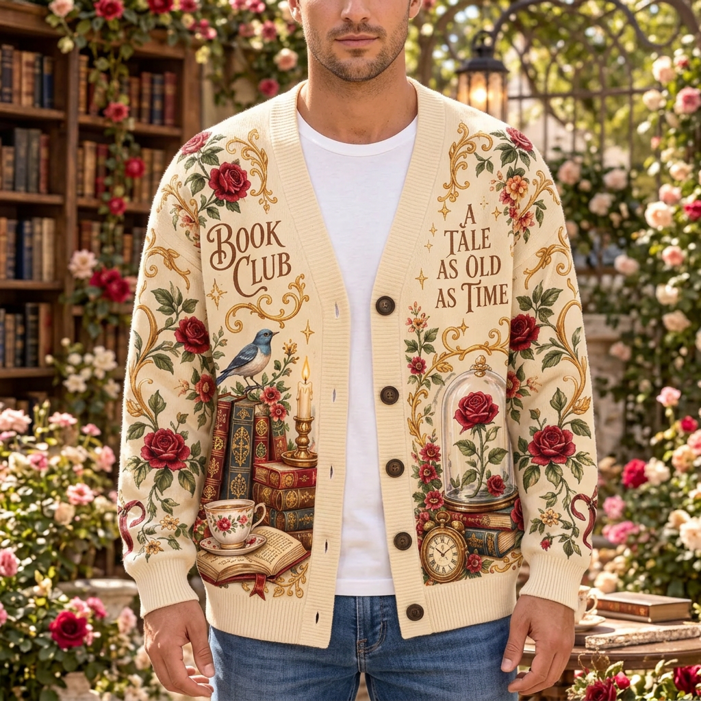 Male model wearing the enchanted Book Club cardigan