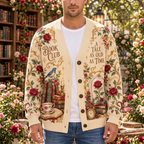 Male model wearing the enchanted Book Club cardigan