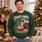 Male model wearing the Every Knee Shall Bow sweatshirt