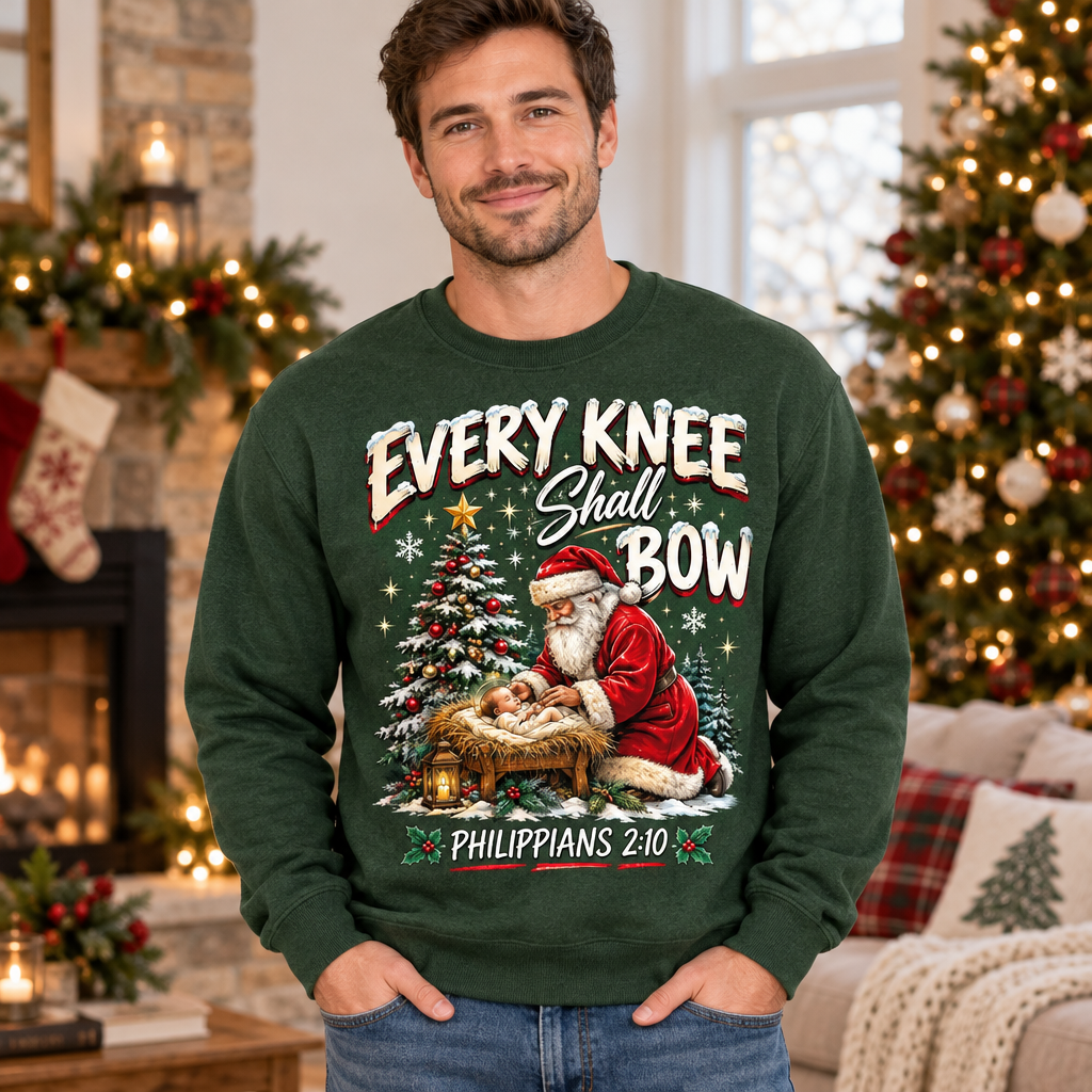 Male model wearing the Every Knee Shall Bow sweatshirt