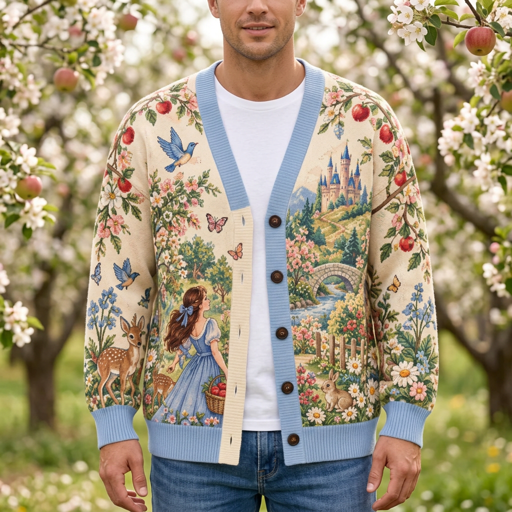 Male model wearing the fairytale cottage cardigan