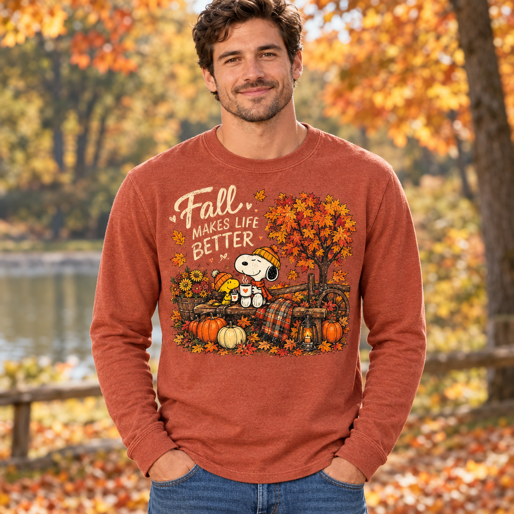 Male model wearing the Fall Makes Life Better shirt