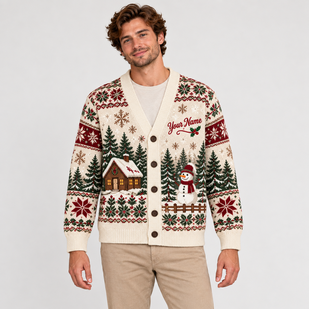 Male model wearing the farmhouse Christmas cardigan