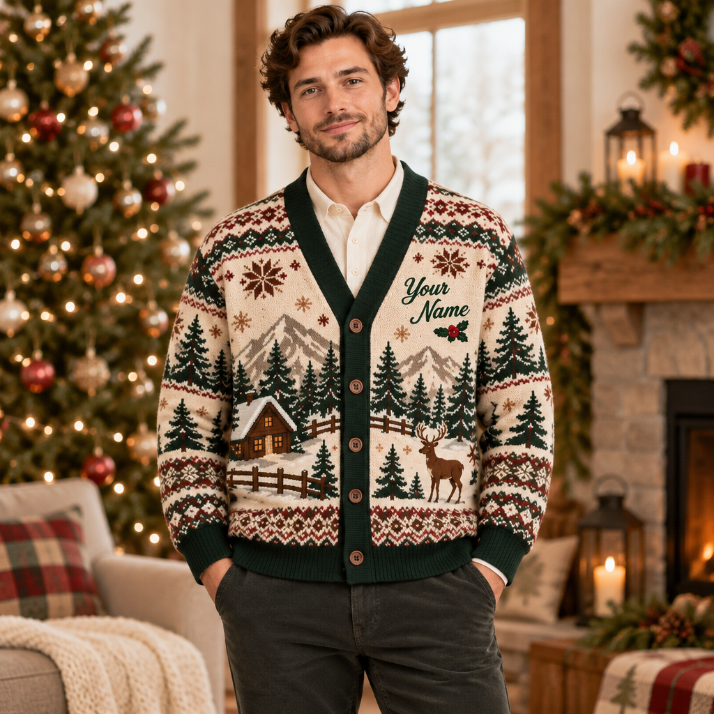 Male model wearing the farmhouse Christmas cardigan