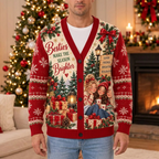 Male model wearing the festive Besties cardigan