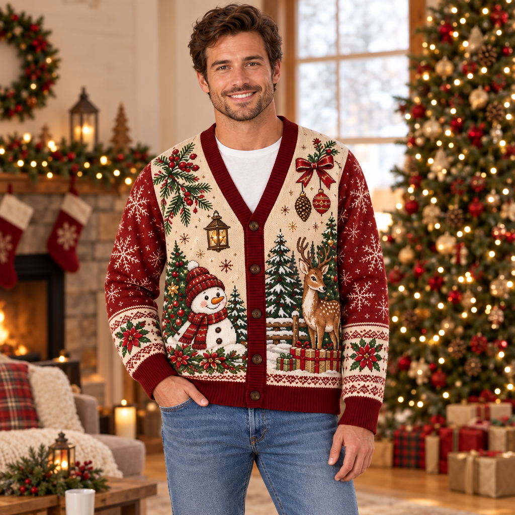Male model wearing the festive snowman and deer cardigan