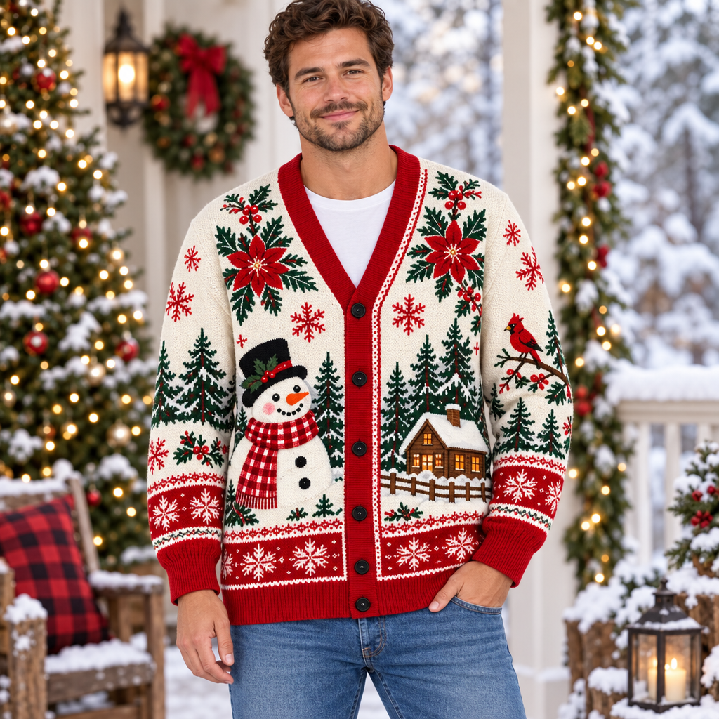 Male model wearing the festive snowman Christmas cardigan