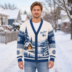 Male model wearing the Finland winter cardigan