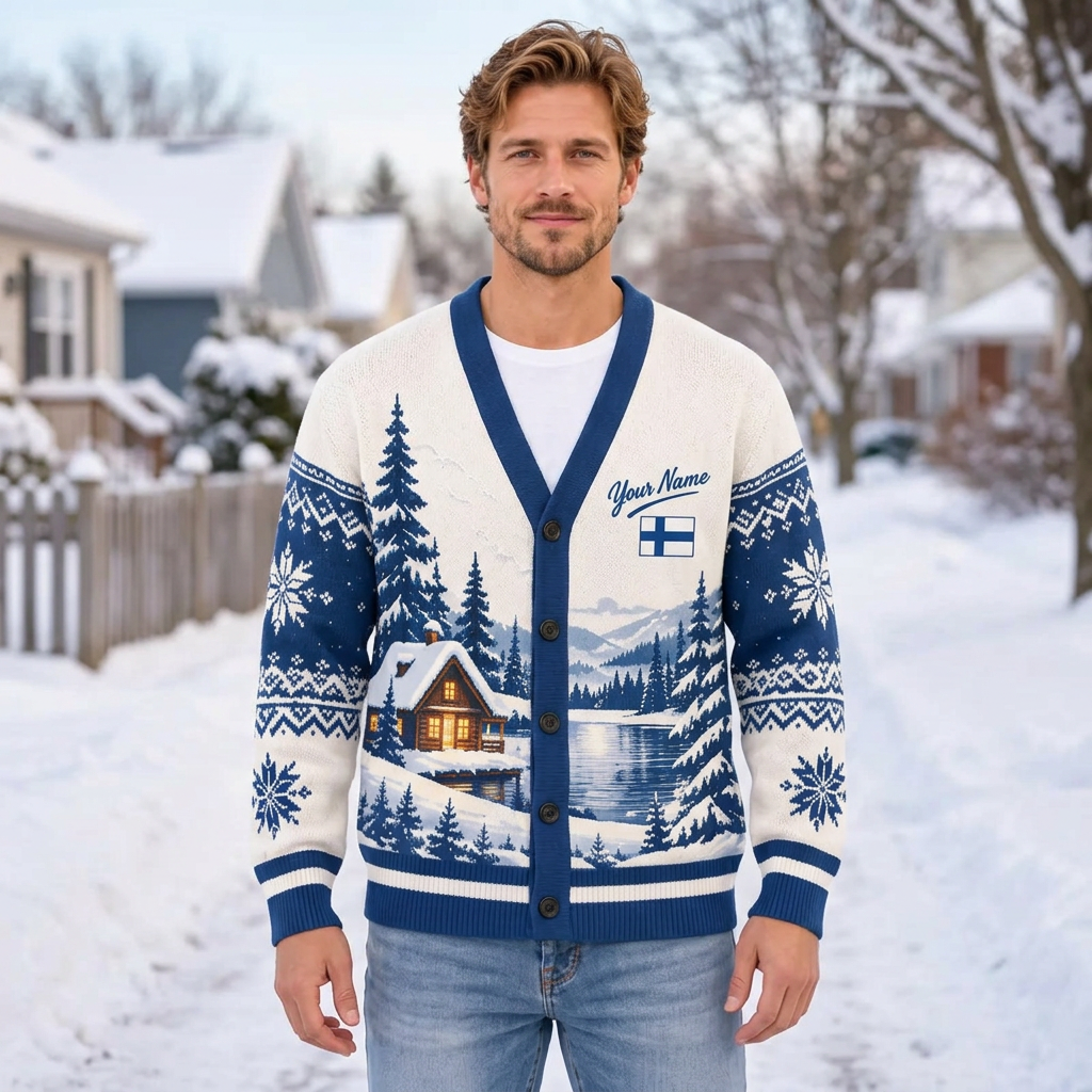 Male model wearing the Finland winter cardigan