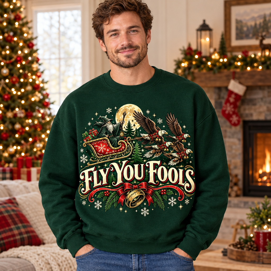 Male model wearing the Fly You Fools sweatshirt