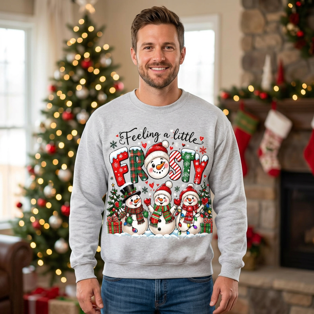 Male model wearing the Frosty snowman sweatshirt