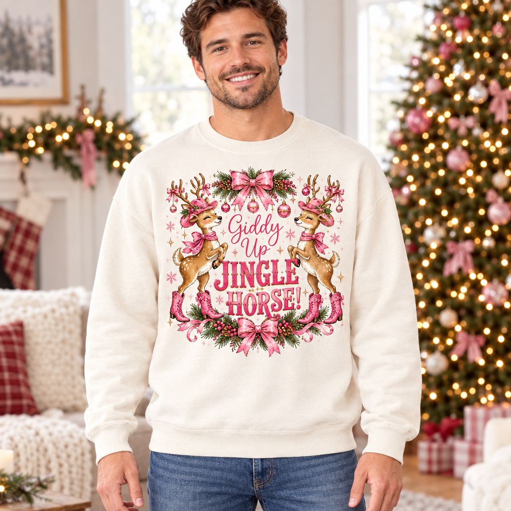 Male model wearing the Giddy Up holiday sweatshirt