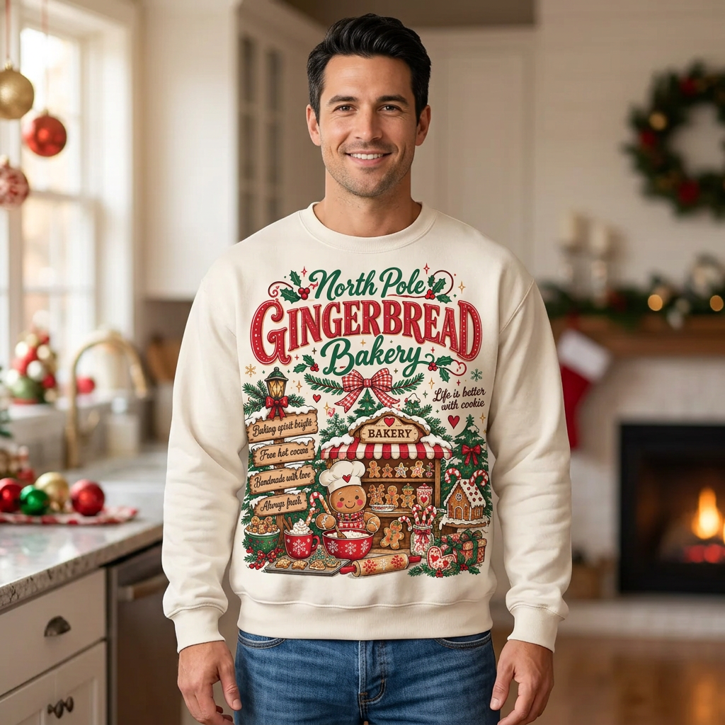Male model wearing the Gingerbread Bakery sweatshirt