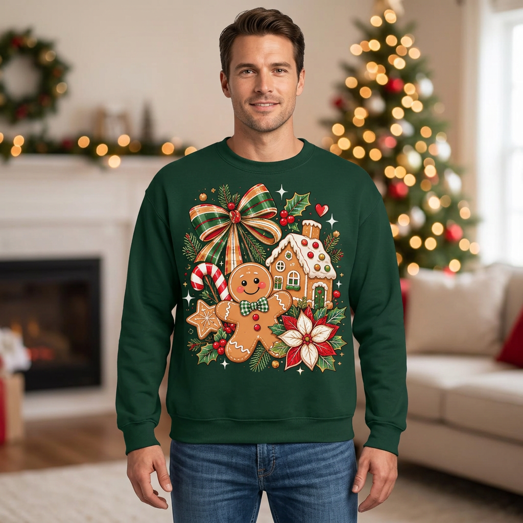 Male model wearing the gingerbread Christmas sweatshirt