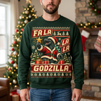 Male model wearing the Godzilla Christmas sweatshirt