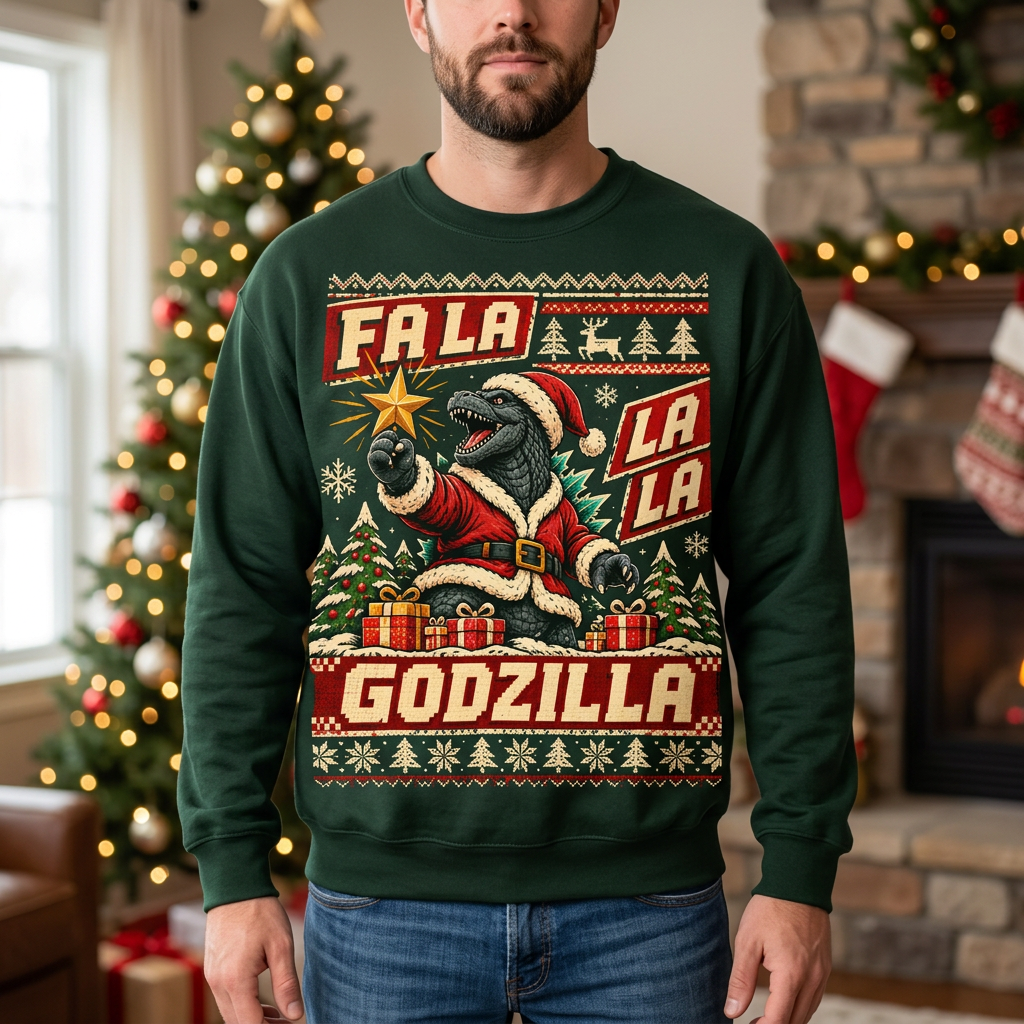 Male model wearing the Godzilla Christmas sweatshirt