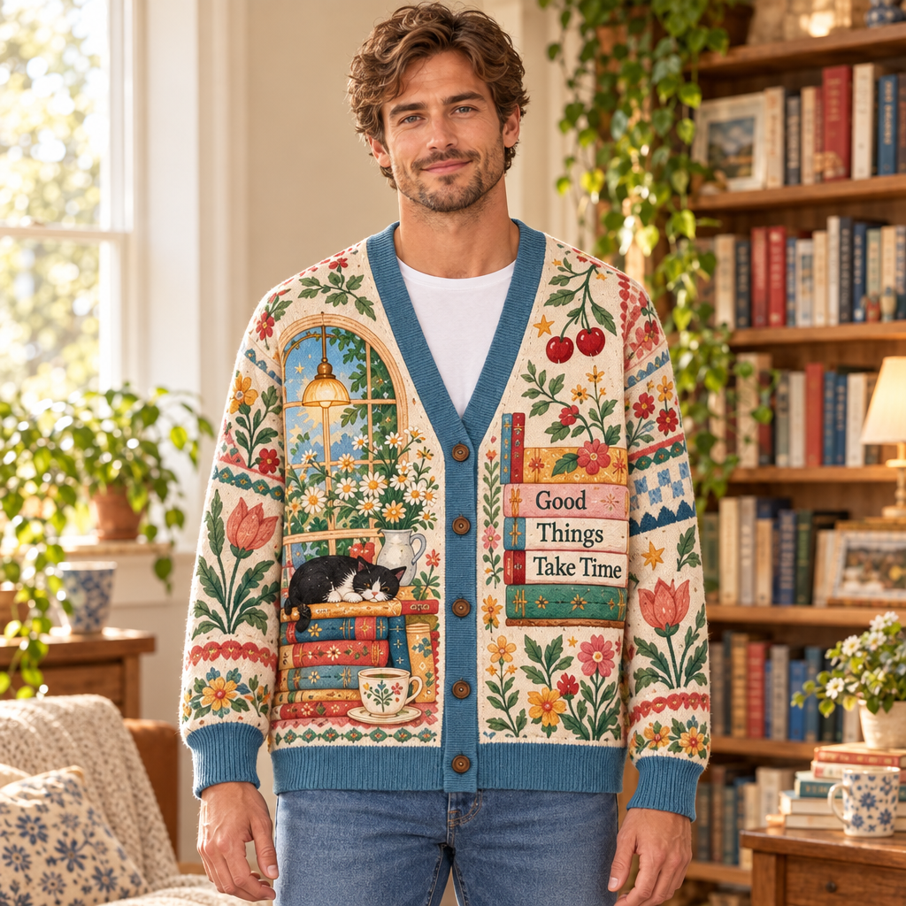 Male model wearing the Good Things Take Time cardigan