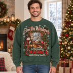 Male model wearing the green Christmas sweatshirt