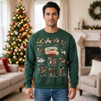 Male model wearing the green Christmas sweatshirt