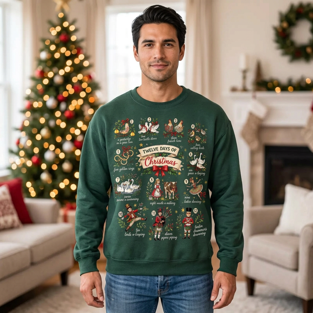 Male model wearing the green Christmas sweatshirt