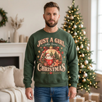 Male model wearing the green Christmas sweatshirt