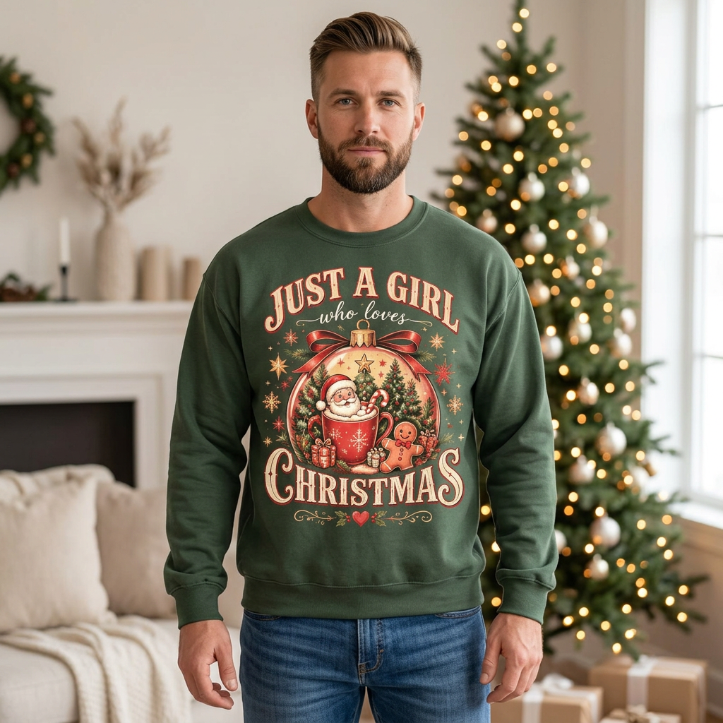 Male model wearing the green Christmas sweatshirt
