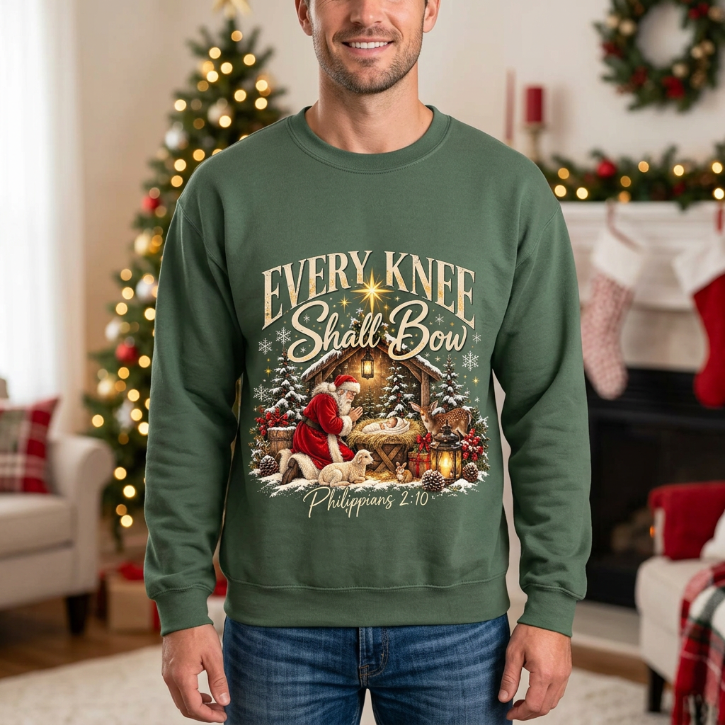 Male model wearing the green Every Knee Shall Bow sweatshirt