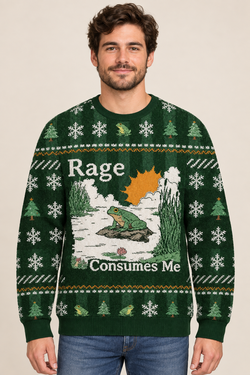 Male model wearing the green frog Christmas sweater