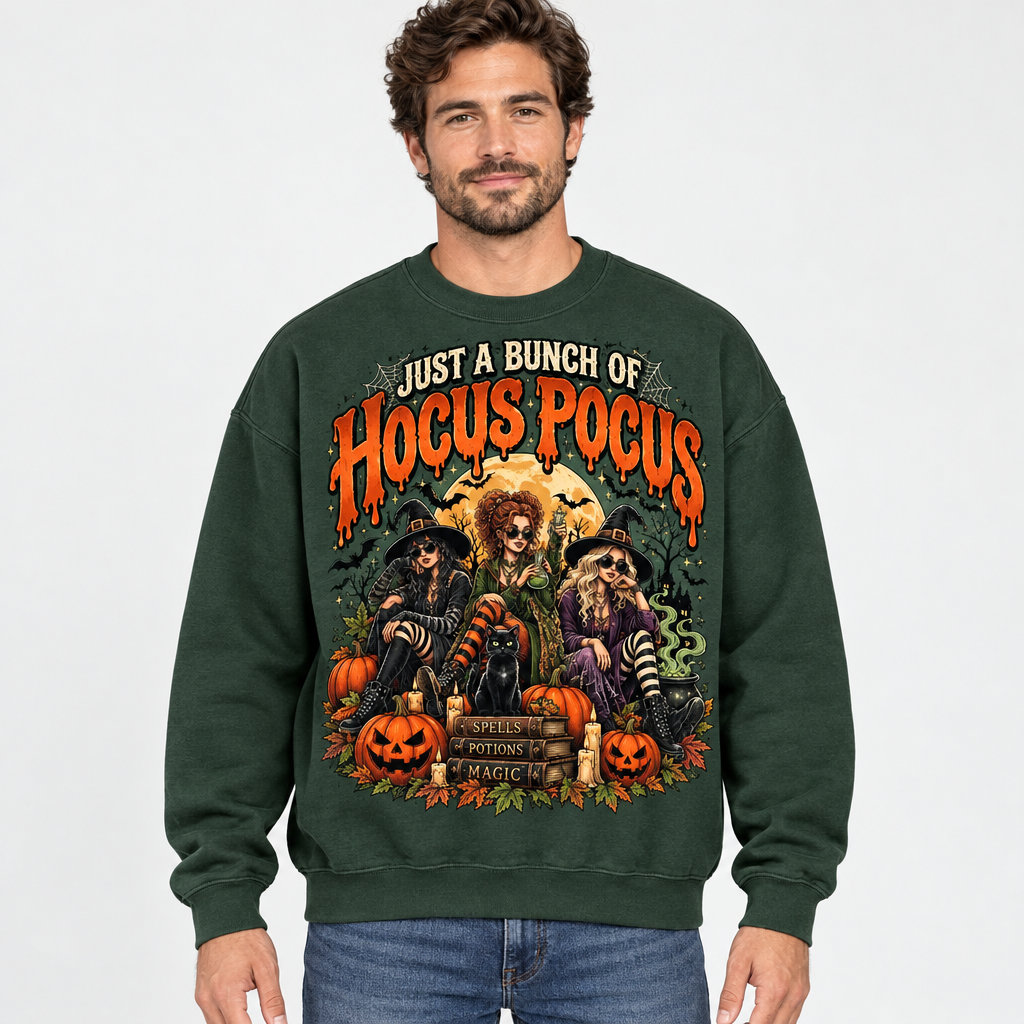 Male model wearing the green Hocus Pocus sweatshirt
