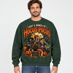 Male model wearing the green Hocus Pocus sweatshirt