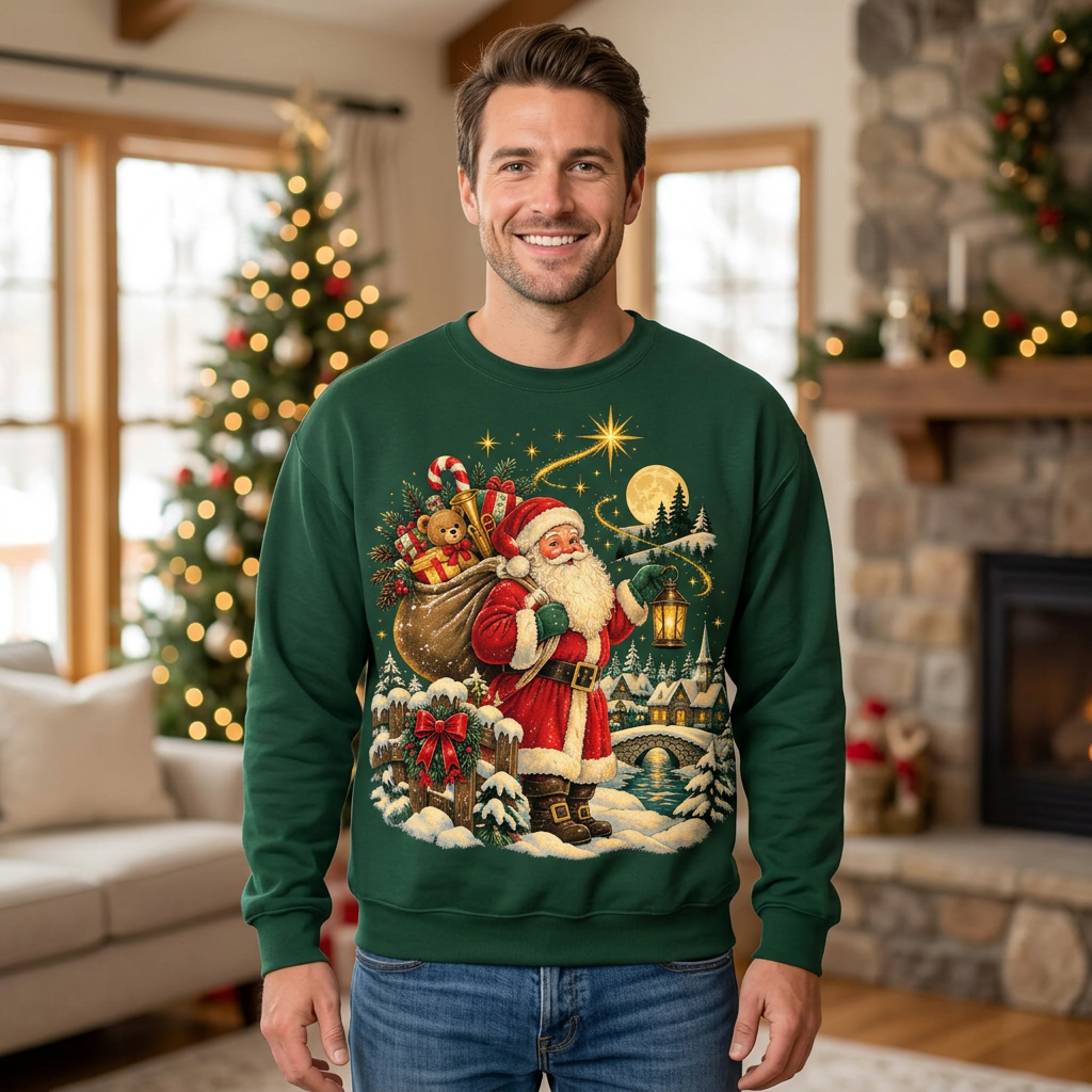 Male model wearing the green Santa Christmas sweatshirt
