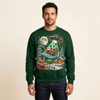 Male model wearing the green Santa UFO sweatshirt