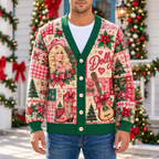Male model wearing the green-trim Dolly Christmas cardigan