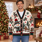 Male model wearing the green-trim snowman cardigan