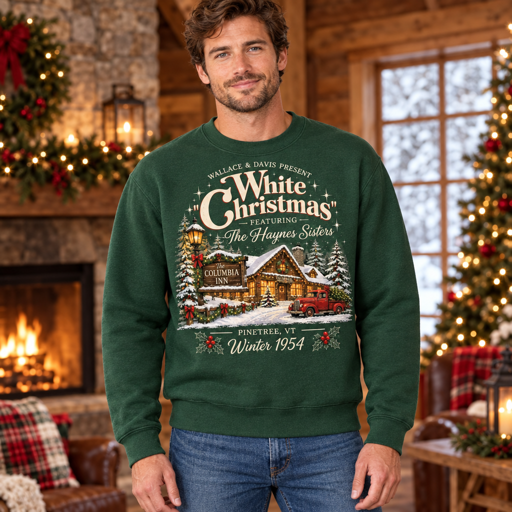 Male model wearing the green White Christmas sweatshirt