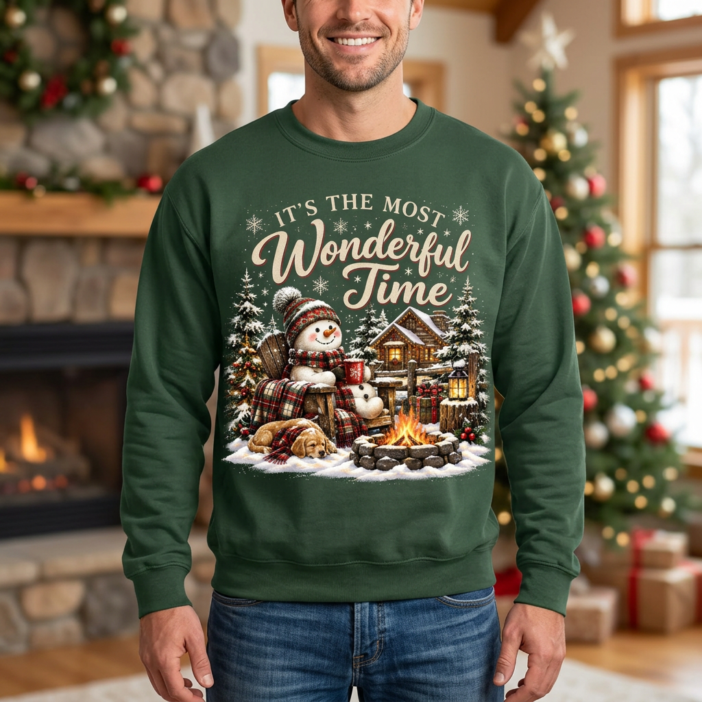 Male model wearing the green winter cabin sweatshirt